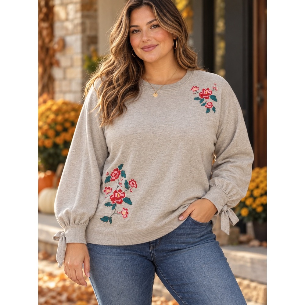 Umgee USA Floral Embroidered Tie Cuff Sweater Beige Womens Large Boho Feminine